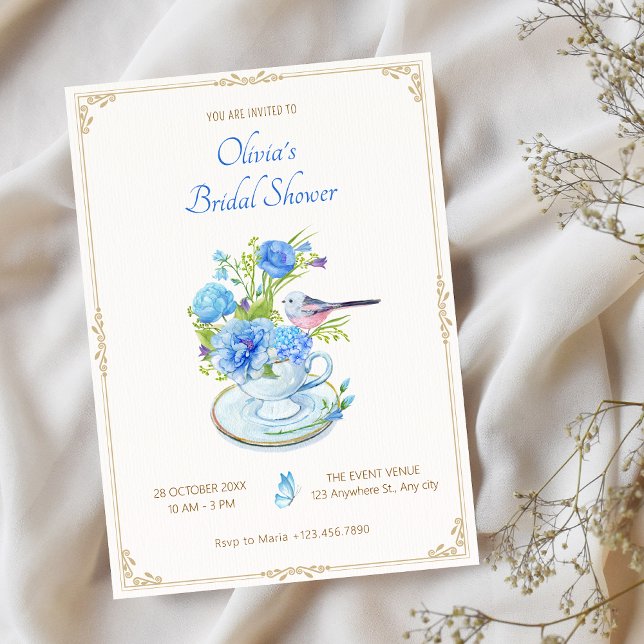 Blue flower bouquet bird bridal shower invitation (Creator Uploaded)