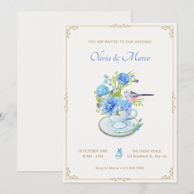Blue flower bouquet bird wedding invitation (Front/Back)