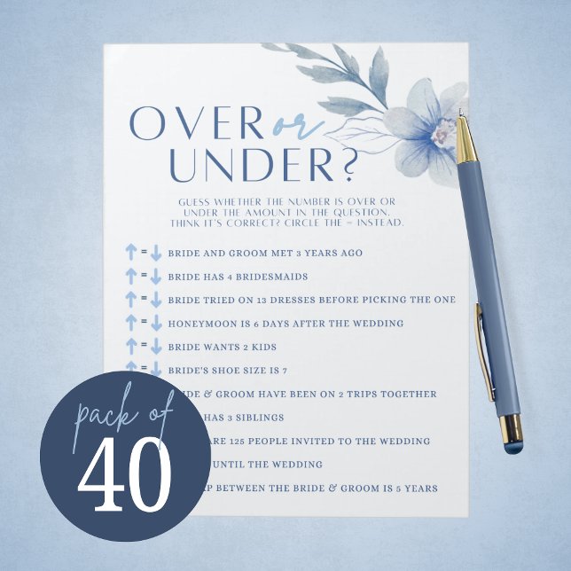 Blue Flower Bridal Over or Under Shower Game Pack Notepad (Elegant Blue Watercolor Floral Over or Under Bridal Shower Game Pack of 40 Games)