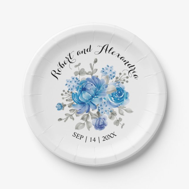 Blue Flower Bridal Shower Wedding Reception Paper Plates (Front)