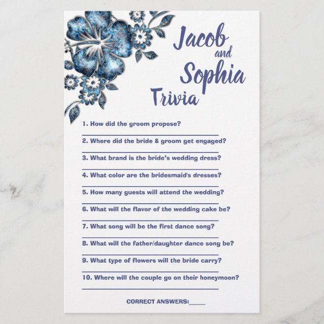 BLUE FLOWER BRIDE & GROOM TRIVIA SHOWER GAME CARD FLYER (Front)