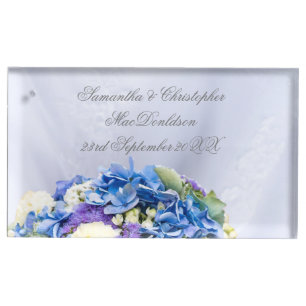 Blue flower brides bouquet wedding place card holder