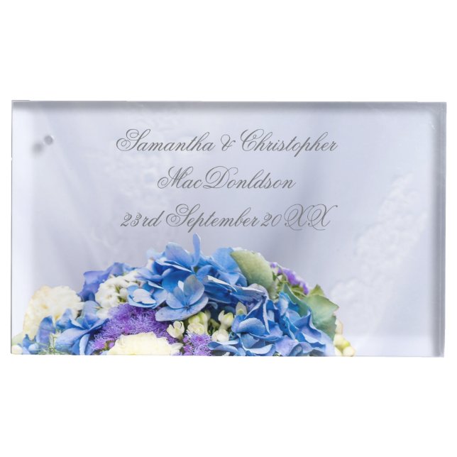 Blue flower brides bouquet wedding place card holder (Front)