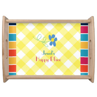 Blue Flower, Checked Yellow and White Pattern Serving Tray