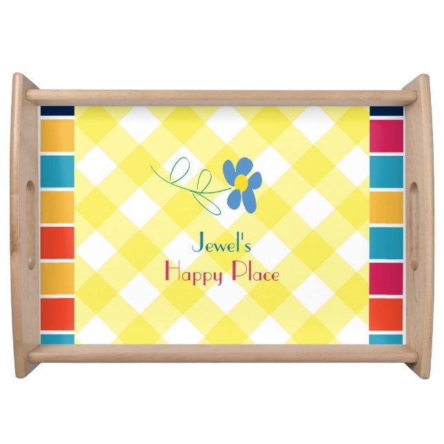 Blue Flower, Checked Yellow and White Pattern Serving Tray (Front)