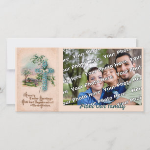 Blue Flower Cross Christian Easter Photo Card