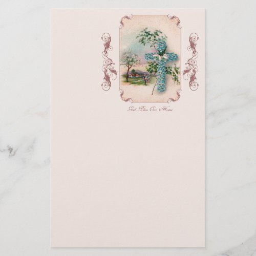 Blue Flower Cross Christian Stationery