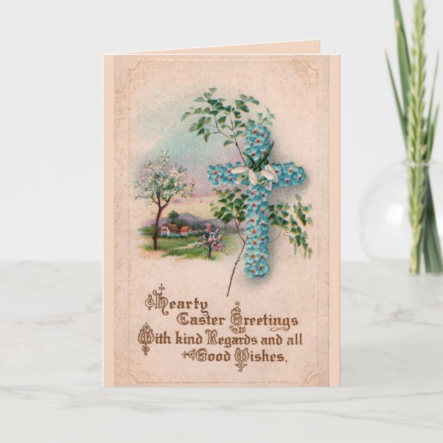 Blue Flower Cross Easter Greeting Card (Front)