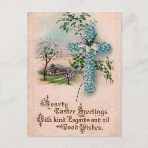 Blue Flower Cross Vintage Easter Postcard