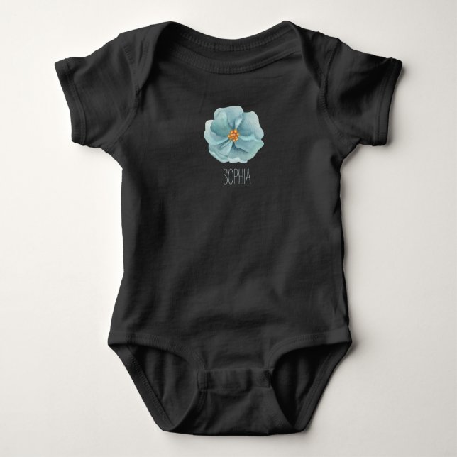 Blue flower, custom black baby girl bodysuit (Front)
