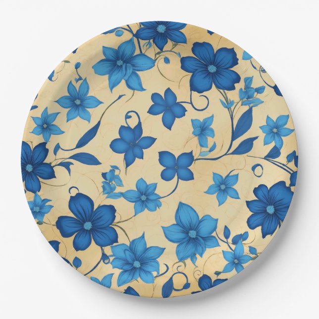 Blue flower design paper plate  (Front)
