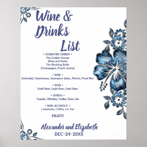Blue Flower Drinks list Bridal Wedding Poster