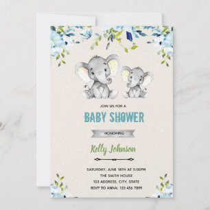 Blue flower elephant theme invitation