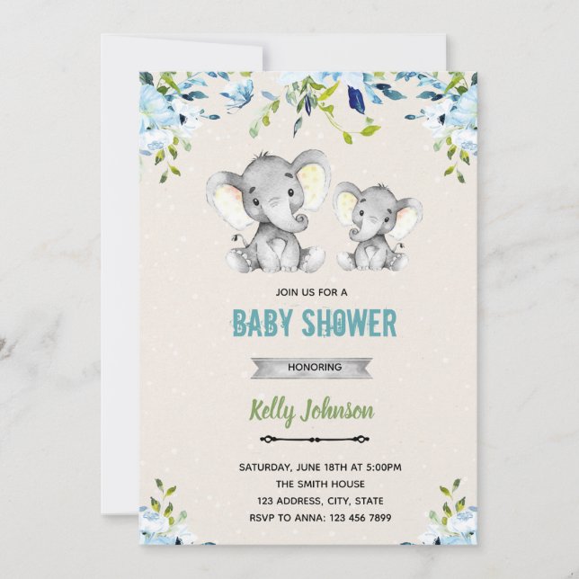 Blue flower elephant theme invitation (Front)