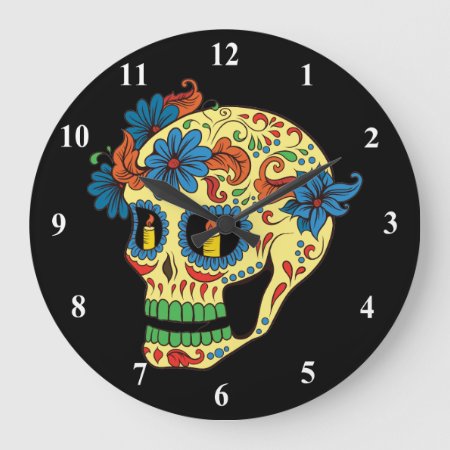 Blue Flower Eyes Day Of The Dead Sugar Skull Large Clock