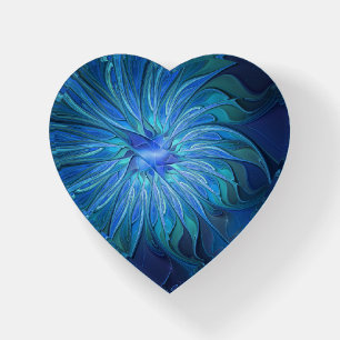 Blue Flower Fantasy, Abstract Fractal Art Heart Paperweight
