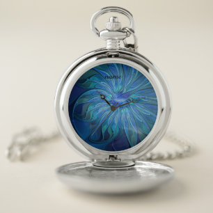 Blue Flower Fantasy Pattern, Abstract Art, Name Pocket Watch