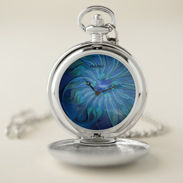 Blue Flower Fantasy Pattern, Abstract Art, Name Pocket Watch (Inside)