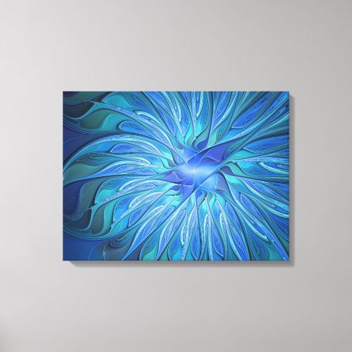 Blue Flower Fantasy Pattern Abstract Art Triptych Canvas Print