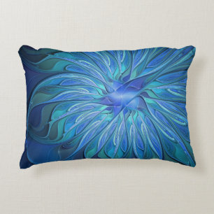 Blue Flower Fantasy Pattern, Abstract Fractal Art Accent Pillow