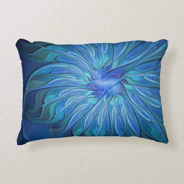 Blue Flower Fantasy Pattern, Abstract Fractal Art Accent Pillow (Front)