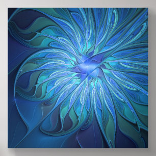 Blue Flower Fantasy Pattern, Abstract Fractal Art Acrylic Photo Tile