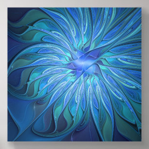 Blue Flower Fantasy Pattern, Abstract Fractal Art Acrylic Photo Tile