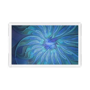 Blue Flower Fantasy Pattern, Abstract Fractal Art Acrylic Tray