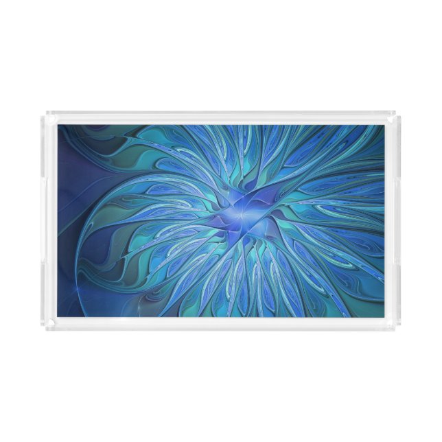 Blue Flower Fantasy Pattern, Abstract Fractal Art Acrylic Tray (Front)