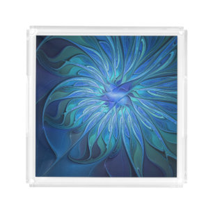 Blue Flower Fantasy Pattern, Abstract Fractal Art Acrylic Tray