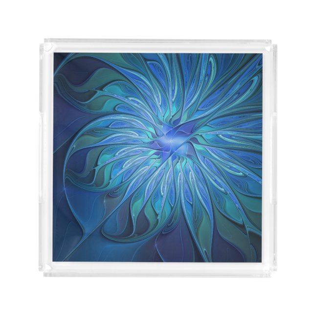 Blue Flower Fantasy Pattern, Abstract Fractal Art Acrylic Tray (Front)