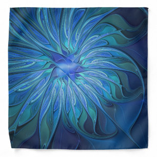Blue Flower Fantasy Pattern, Abstract Fractal Art Bandana