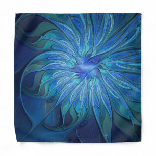 Blue Flower Fantasy Pattern, Abstract Fractal Art Bandana