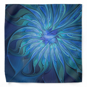 Blue Flower Fantasy Pattern, Abstract Fractal Art Bandana