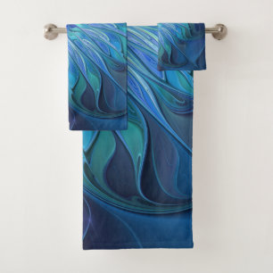 Blue Flower Fantasy Pattern, Abstract Fractal Art Bath Towel Set