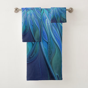 Blue Flower Fantasy Pattern, Abstract Fractal Art Bath Towel Set
