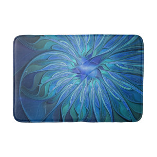 Blue Flower Fantasy Pattern, Abstract Fractal Art Bathroom Mat