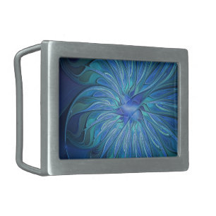 Blue Flower Fantasy Pattern, Abstract Fractal Art Belt Buckle