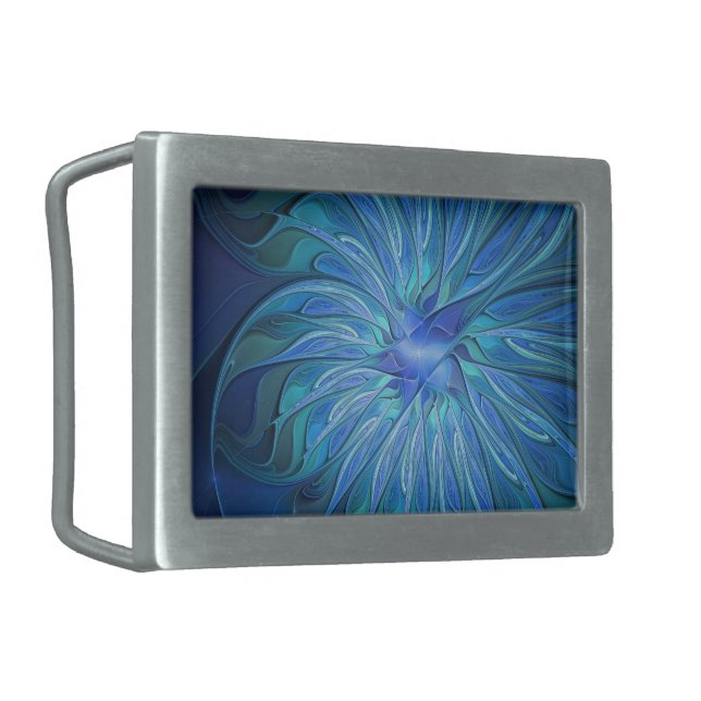 Blue Flower Fantasy Pattern, Abstract Fractal Art Belt Buckle (Front Left)