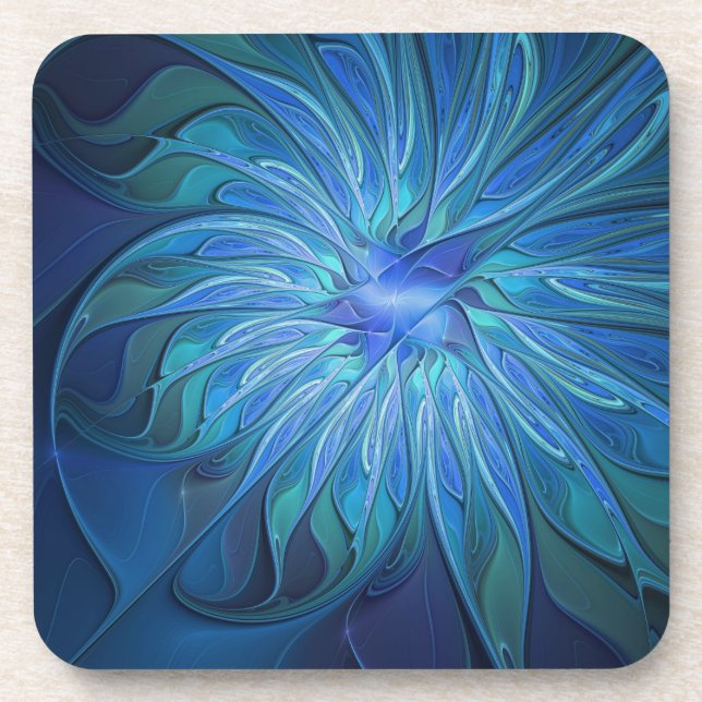 Blue Flower Fantasy Pattern, Abstract Fractal Art Beverage Coaster (Front)