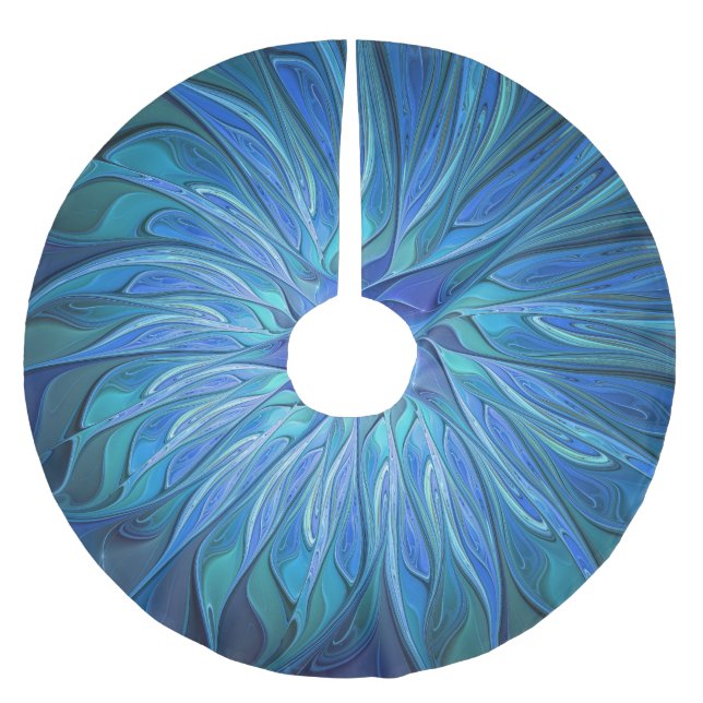 Blue Flower Fantasy Pattern, Abstract Fractal Art Brushed Polyester Tree Skirt (Front)