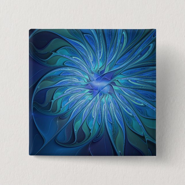 Blue Flower Fantasy Pattern, Abstract Fractal Art Button (Front)