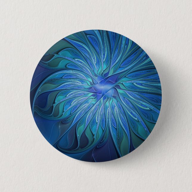 Blue Flower Fantasy Pattern, Abstract Fractal Art Button (Front)