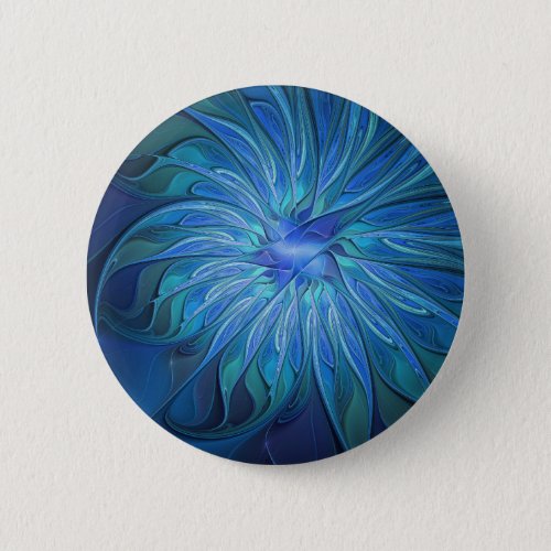 Blue Flower Fantasy Pattern Abstract Fractal Art Button