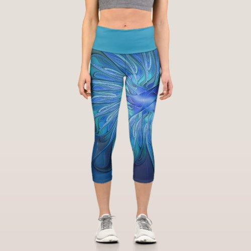 Blue Flower Fantasy Pattern Abstract Fractal Art Capri Leggings