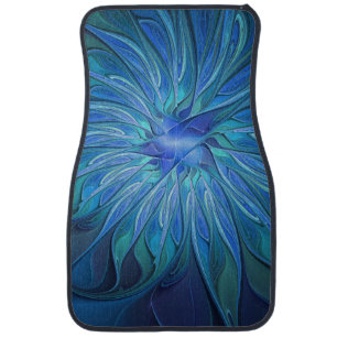 Blue Flower Fantasy Pattern, Abstract Fractal Art Car Floor Mat