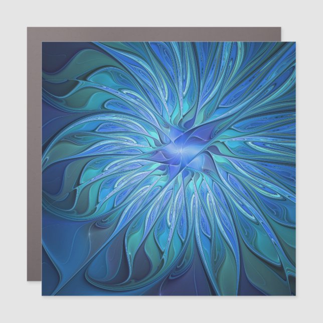Blue Flower Fantasy Pattern, Abstract Fractal Art Car Magnet (Front)