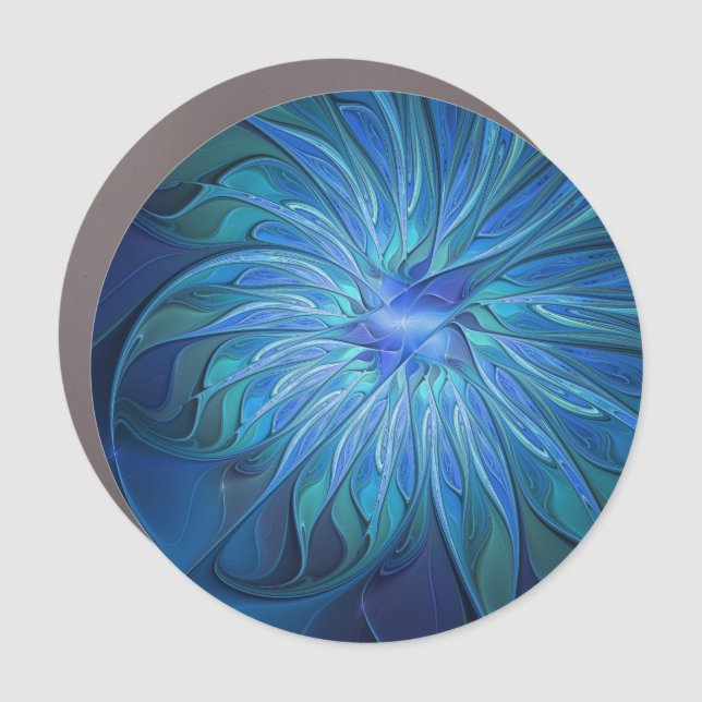 Blue Flower Fantasy Pattern, Abstract Fractal Art Car Magnet (Front)