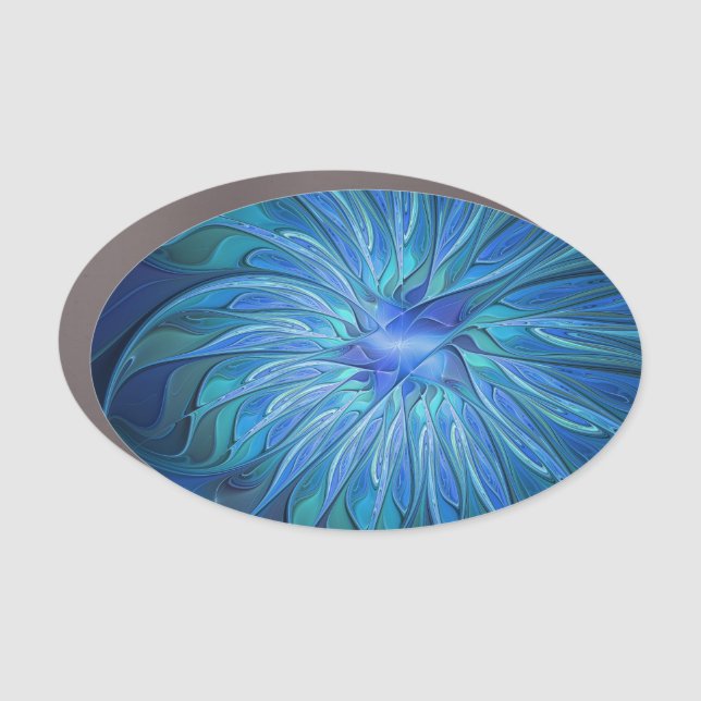 Blue Flower Fantasy Pattern, Abstract Fractal Art Car Magnet (Front)