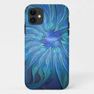 Blue Flower Fantasy Pattern, Abstract Fractal Art iPhone 11 Case